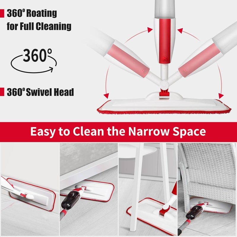 Panda Grip Spray Mops for Floor Cleaning Floor Mop with a Refillable Spray Bottle and 2 Washable Microfiber Pads Home or Commercial Use Dry Wet Flat Mop for Hardwood Laminate Wood (Red) - Image 2